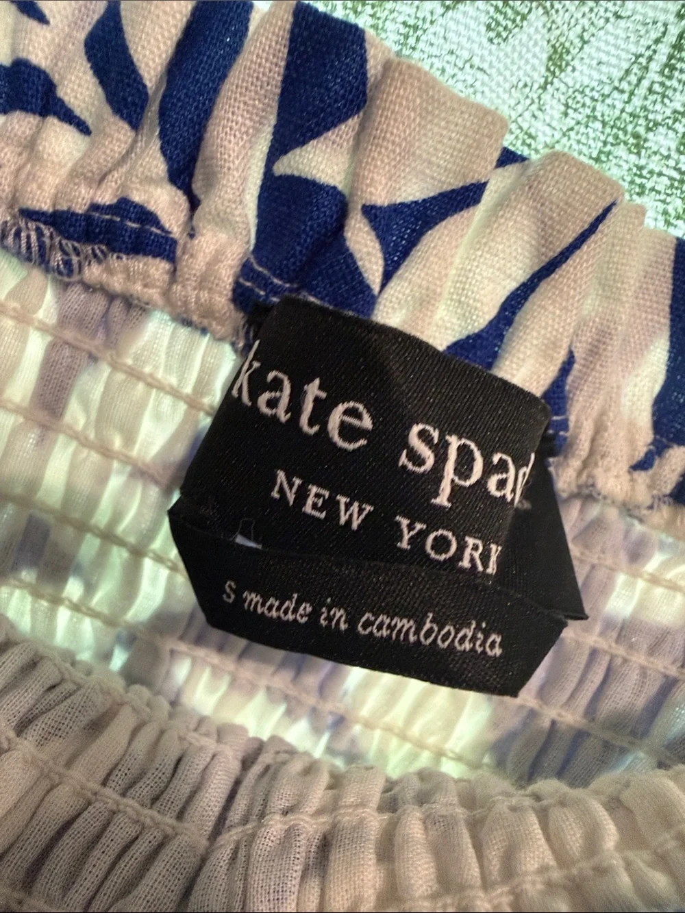 NWOT kate spade Blue & White Tropical Foliage Smocked Jumpsuit Wide-Leg Crop
